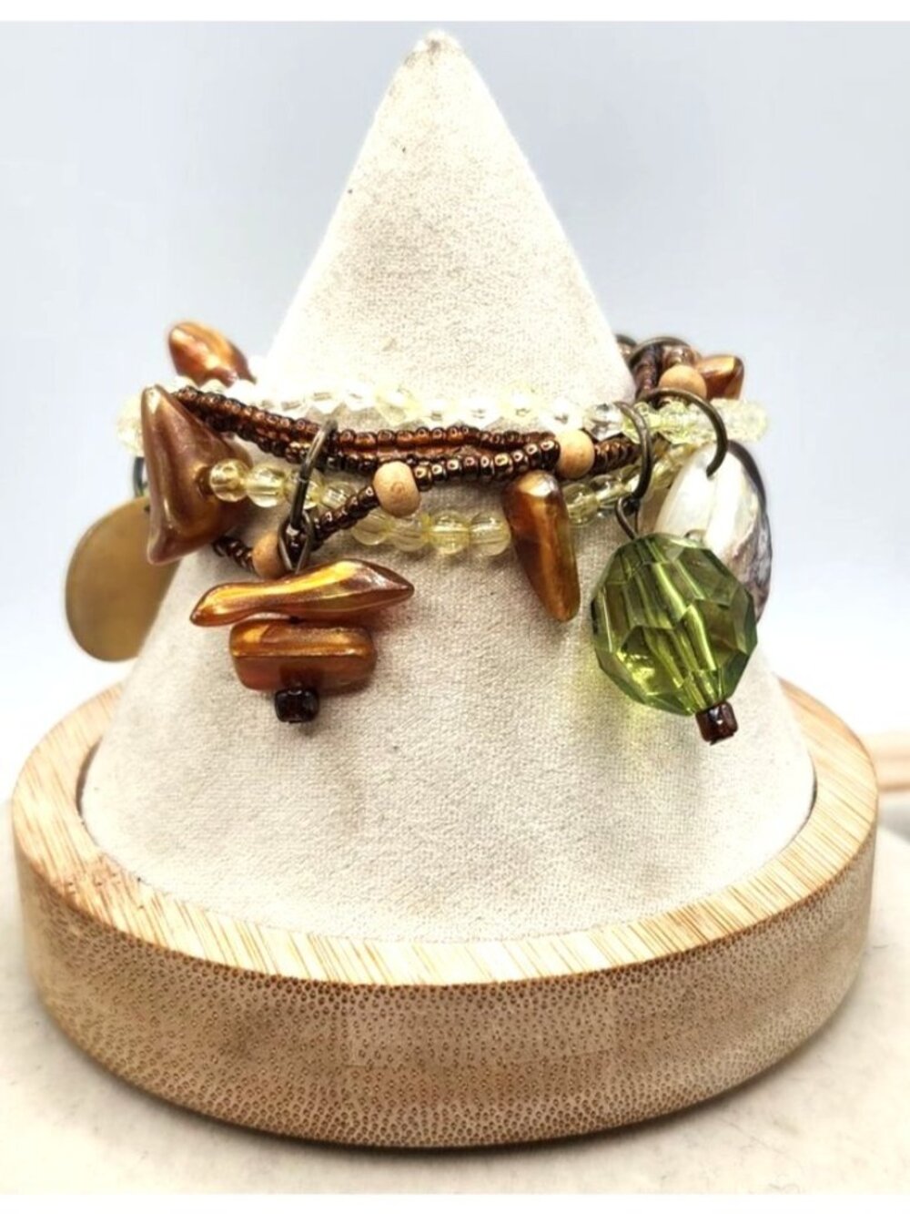 Multicolor Beaded  Bracelet With Glass Shell & Stone Accents Boho Style Stretch